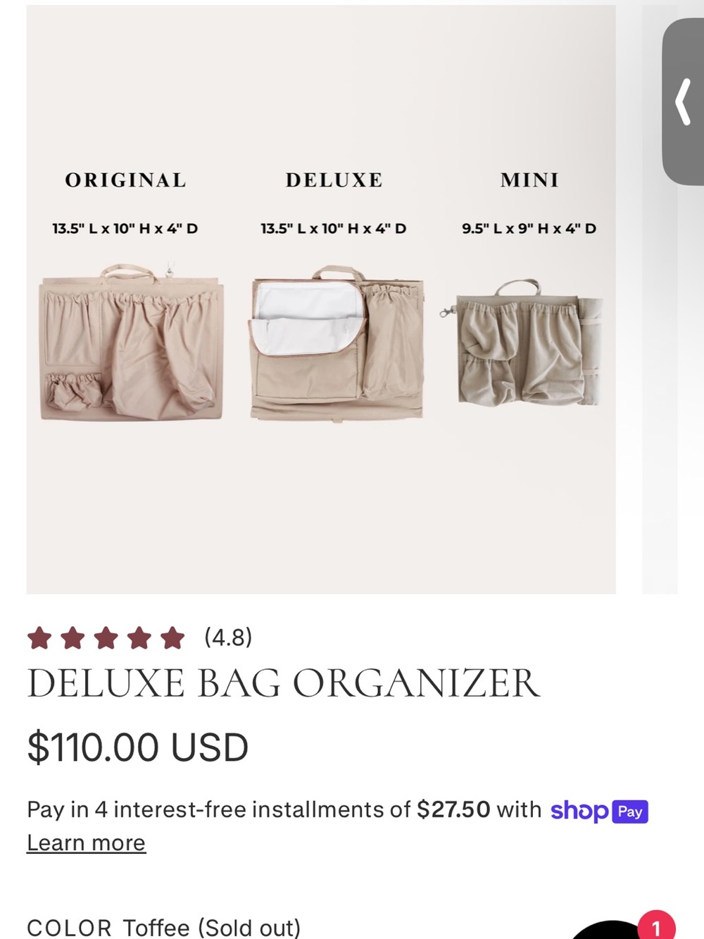 Tote Savy Deluxe Bag Organizer in toffee